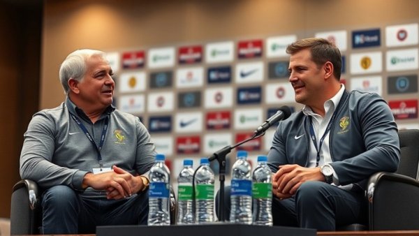 Cowboys off-season conference with two men speaking.