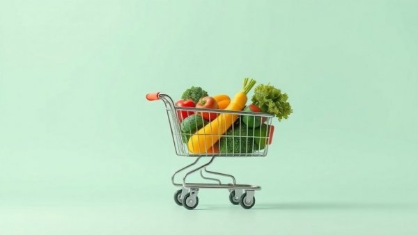 Floating groceries above cart on mint background, balanced living for families concept.