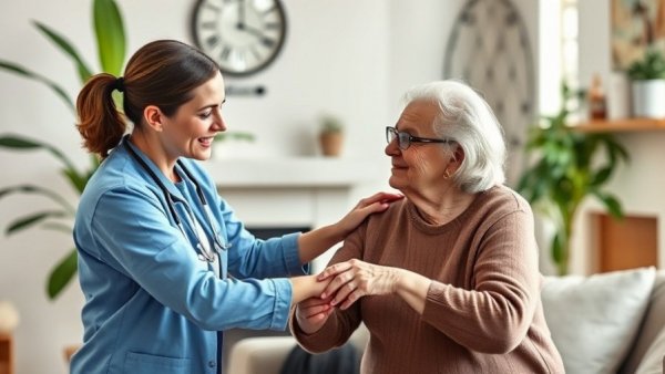 Home care alternatives: nurse assisting elderly woman in living room.