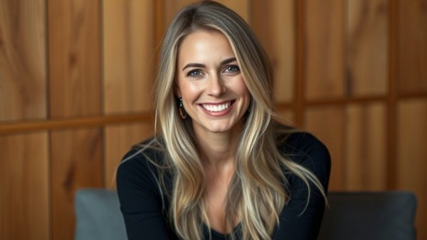 Woman smiling indoors against wooden panel background, Star Trek Starfleet Academy Holly Hunter.