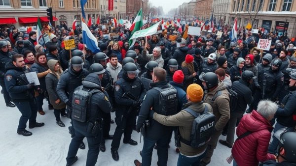 Protests after ICE shooting with crowd and officers in snow.