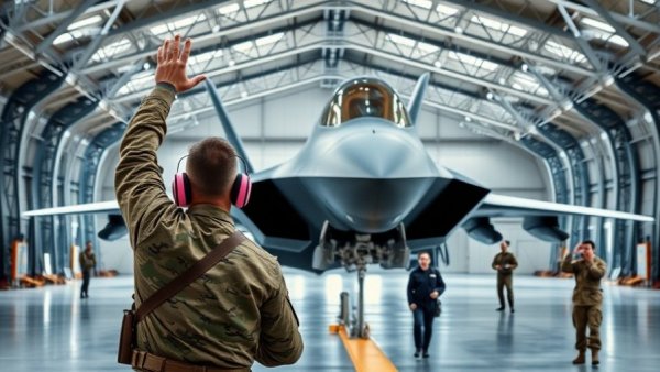 Military personnel signals to jet in hangar, highlighting national security.