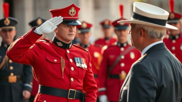 Canadian Mountie saluting man in white hat, symbolizing official engagement.