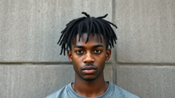 Young man standing against concrete wall, neutral expression.
