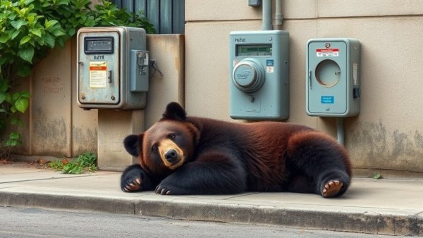 Curious bear next to a utility meter in a suburban area, US news.