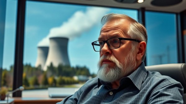 Man in glasses beside nuclear plant tower, Trump nuclear energy capacity goal