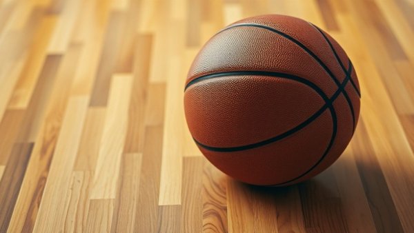 Basketball on court floor depicting AI-driven academics and athletic training.
