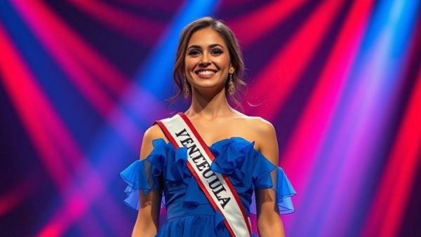 Contestant in blue dress representing Venezuela on stage.