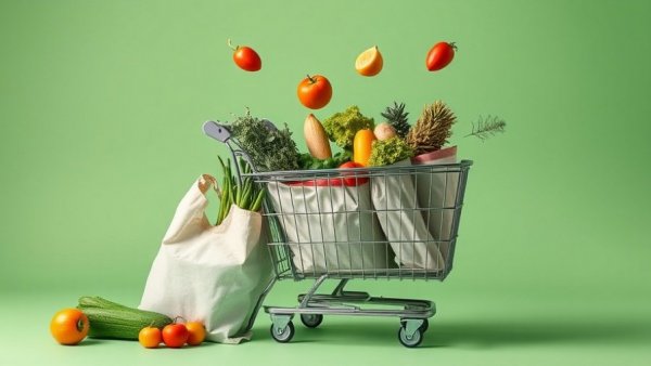 Fresh groceries falling into cart, health and wellness theme.
