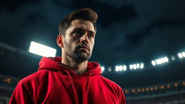 Confident man in red hoodie, night stadium background, Built to SWARM Texans Playoff promo.