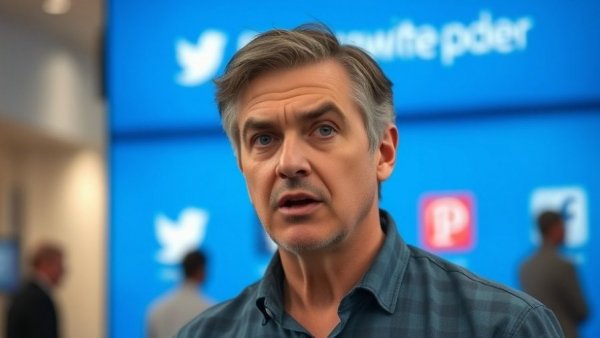 Middle-aged man speaking against a backdrop with logos in focus.