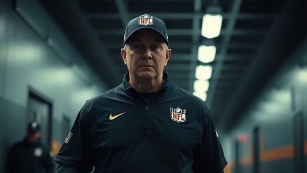 Focused NFL coach walks through dimly lit corridor embracing resilience.