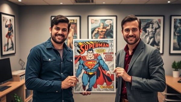 Two men display a rare Superman comic book, valued for auction.