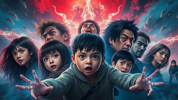 Stranger Things cast poster with dramatic effects.