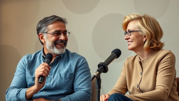 Engaging discussion on women's health with smiling man and woman using microphones.