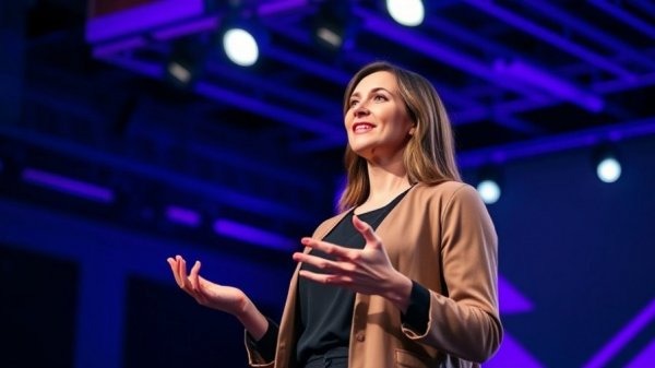 Confident female speaker shares psychological tips for flying at a vibrant, modern stage.