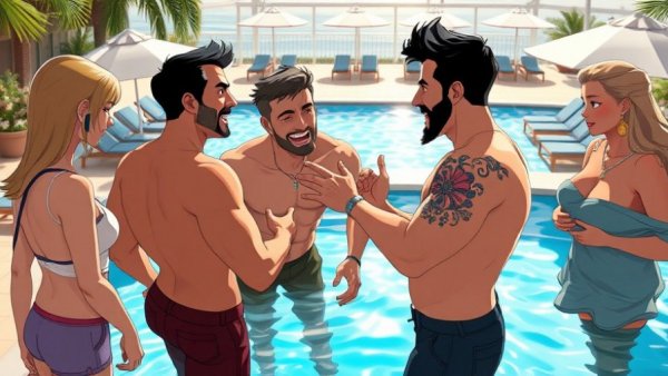 Animated confrontation scene by a pool, bright sunlight