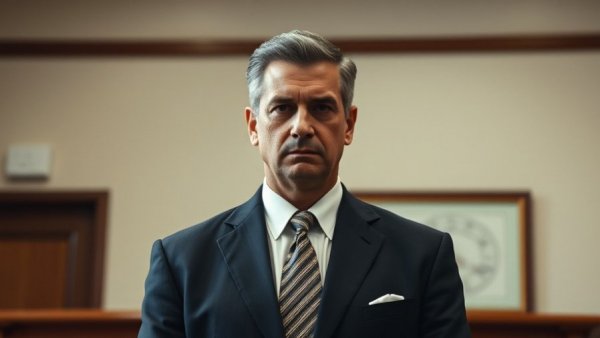 Trial scene of serious man in courtroom attire, Uvalde school shooting trial updates.