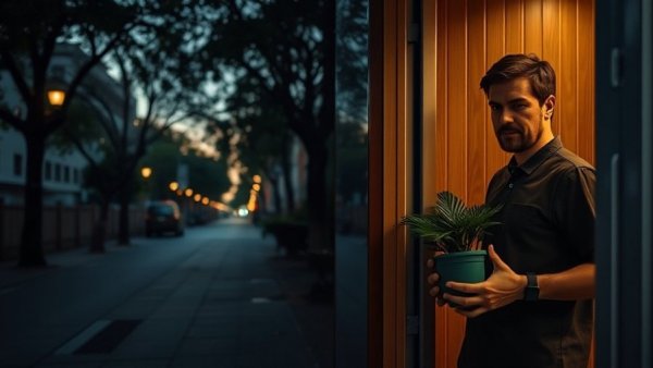 Urban sidewalk and indoor setting with man holding plant, mysterious death of Josh Prosser.