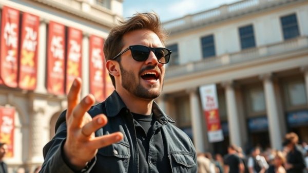 Confident speaker gestures outdoors, related to Mickey Rourke fundraiser rejection.