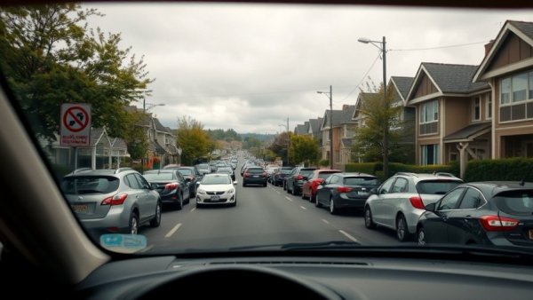 Crowded street view in Carver Crest community with parked cars, overcast sky.