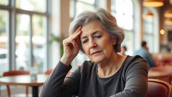 Woman experiencing natural menopause relief in a serene cafe setting.