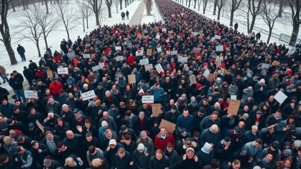 Large crowd in snow protesting, aerial view, Minneapolis.