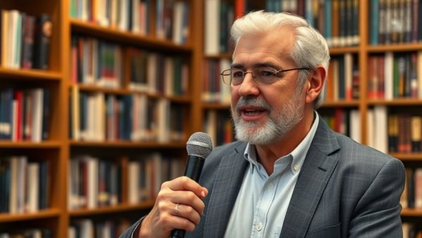 Confident man sharing healthy aging tips in a library setting.