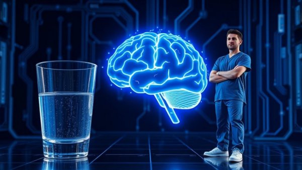 Morning shot enhances brain circulation, featuring glass of water and digital brain.