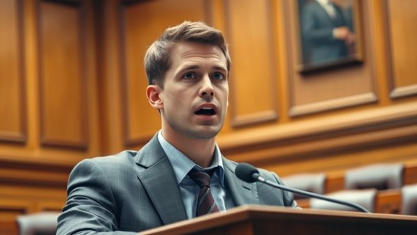 Young professional speaking at a legislative podium.