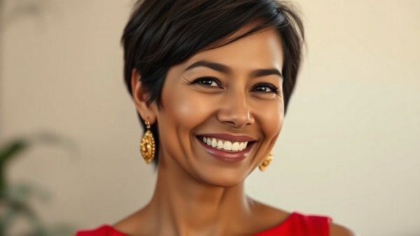 Portrait of Mary Catherine Edwards, smiling, in a red dress and earrings.
