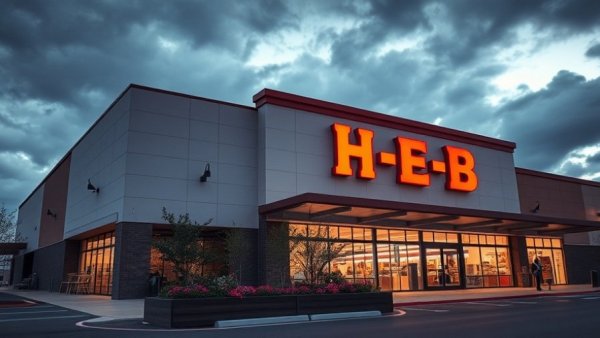 H-E-B grocery store with vibrant signage at dusk, highlighting top grocery chain status.