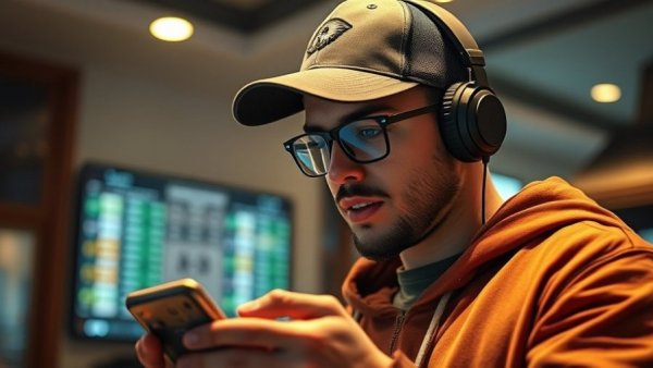 Young man predicting sports outcomes on device, technology focus.