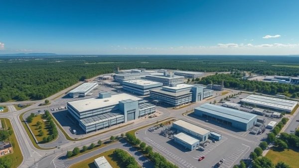 Aerial view of Eli Lilly Houston plant showcasing modern industrial architecture.
