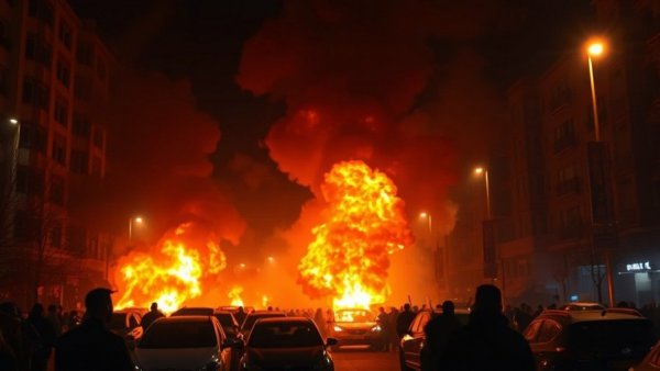 Nighttime protest scene with intense flames and silhouetted onlookers