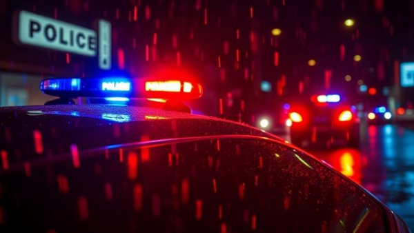 Flashing police lights at night, San Antonio crime reports.