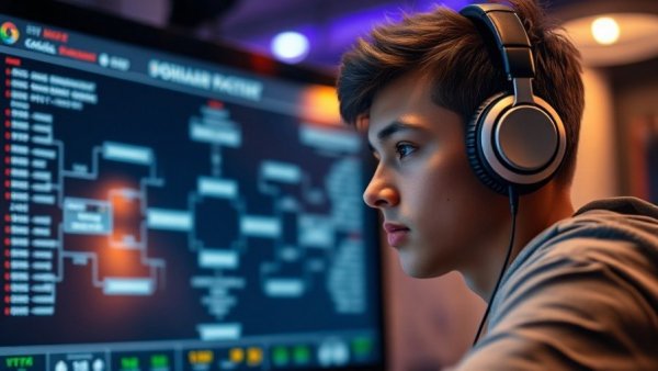 Young person analyzing football bracket on a screen, reflecting on viral videos cultural impact.