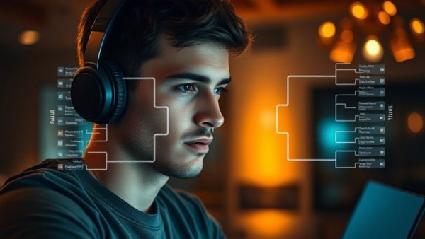 Young man discussing sports predictions with college football bracket overlay.