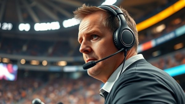 Coach focused during game broadcast with score display.