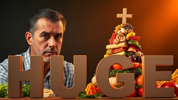 Men with new dietary guidelines concept food pyramid.