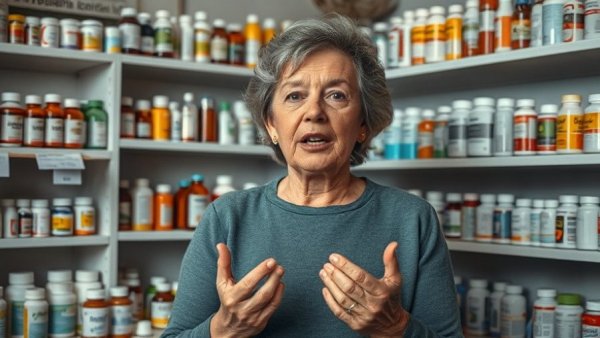 High healthcare premiums: woman speaking, medicine shelves background.
