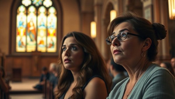 Surprised individuals in church, emphasizing spiritual themes.