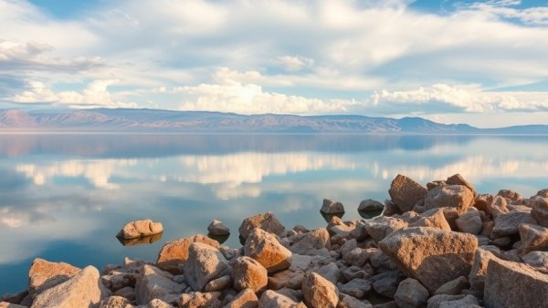 Great Salt Lake landscape with reflective waters and rocks.