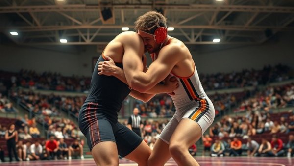 Big 12 Wrestling Highlights showcasing intense wrestling action in a gymnasium.