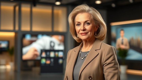 Elegant older woman presenting national news headlines in a modern studio.