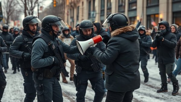 Intense protest confrontation between officers and demonstrator in urban setting.