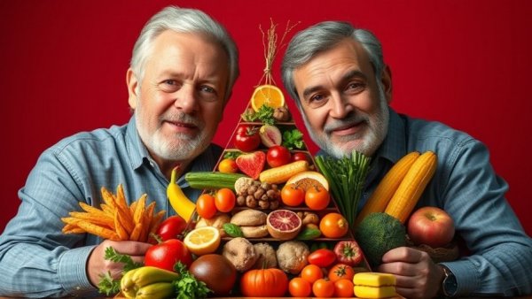 Vibrant food pyramid with men, highlighting new dietary guidelines 2025 2026.