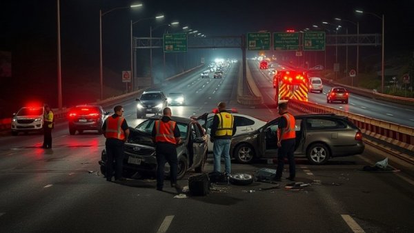Nighttime accident scene on Loop 1604 with police officers and wrecked cars.
