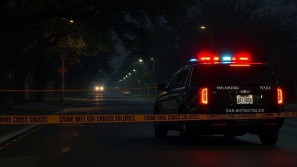 San Antonio police SUV at crime scene during night.