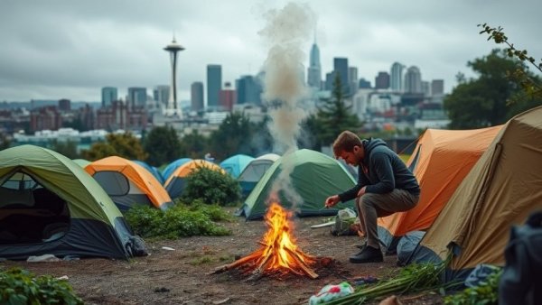 Seattle urban encampment highlighting drug policy implications with cityscape.